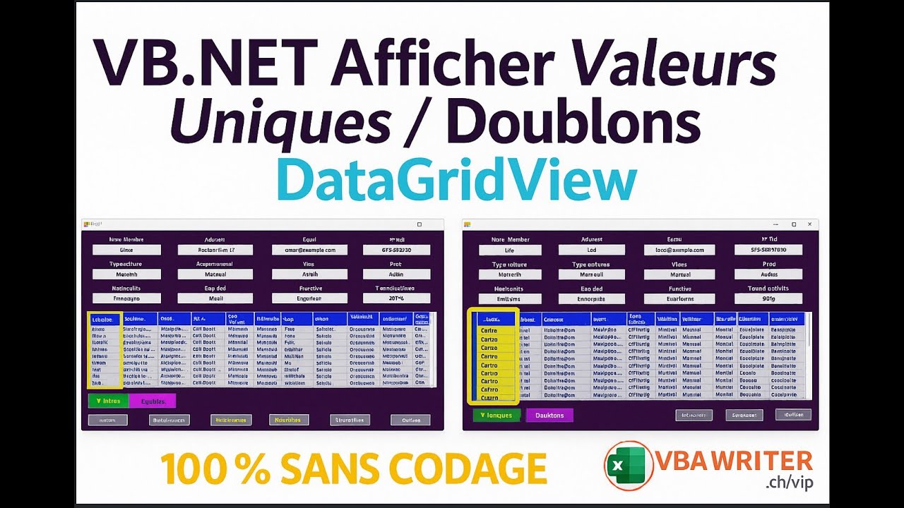 VB.NET Turbo: Détectez Doublons-Valeurs Uniques DataGridView/ 100% sans codage/ 130 VbaWriter.ch/vip