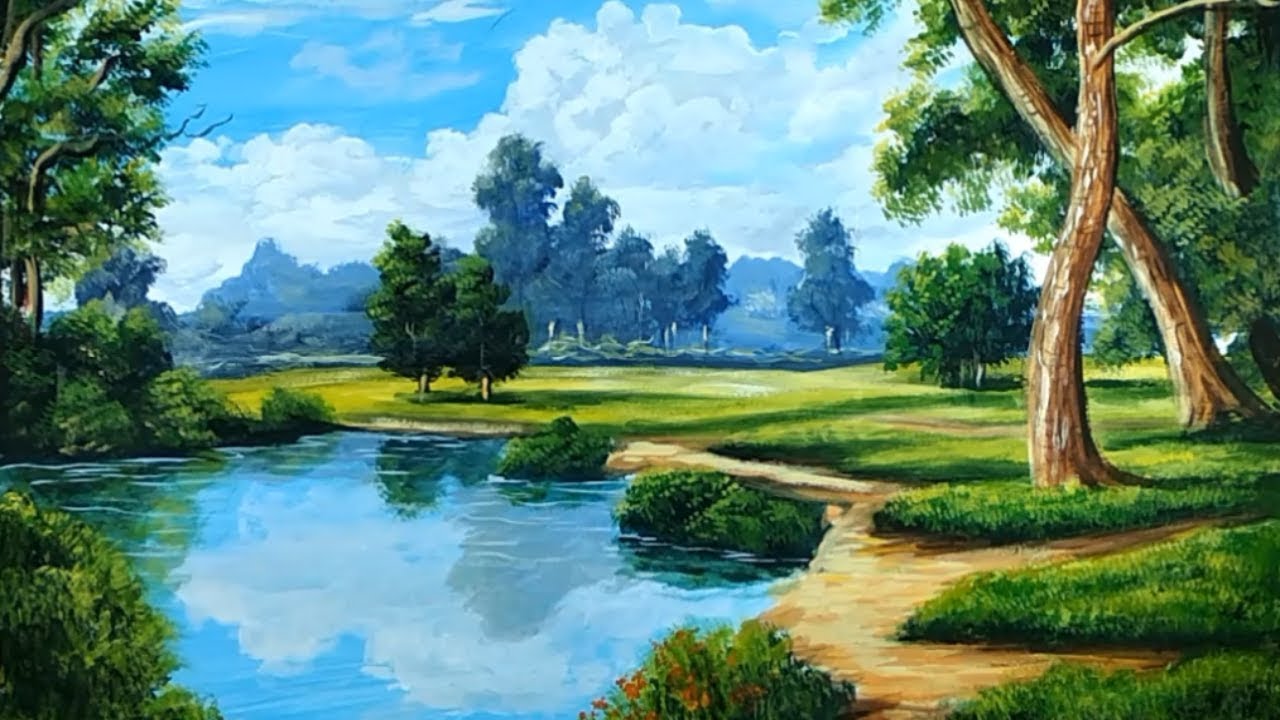 LOOK THIS! Drawing Tutorial Natural Lake Step by Step with Brush on Canvas its Beauty of Art