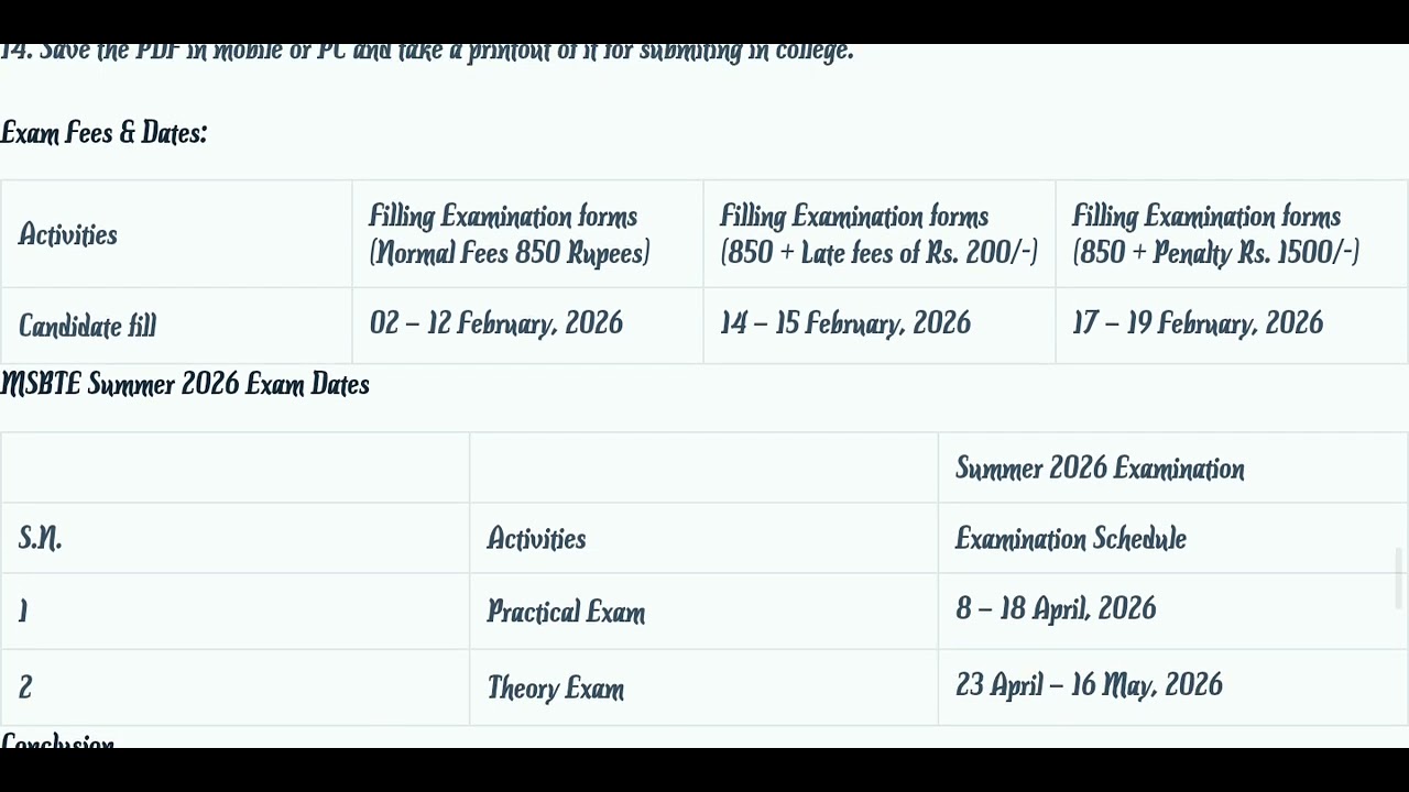 MSBTE 2026 summer exam date's and form filling
