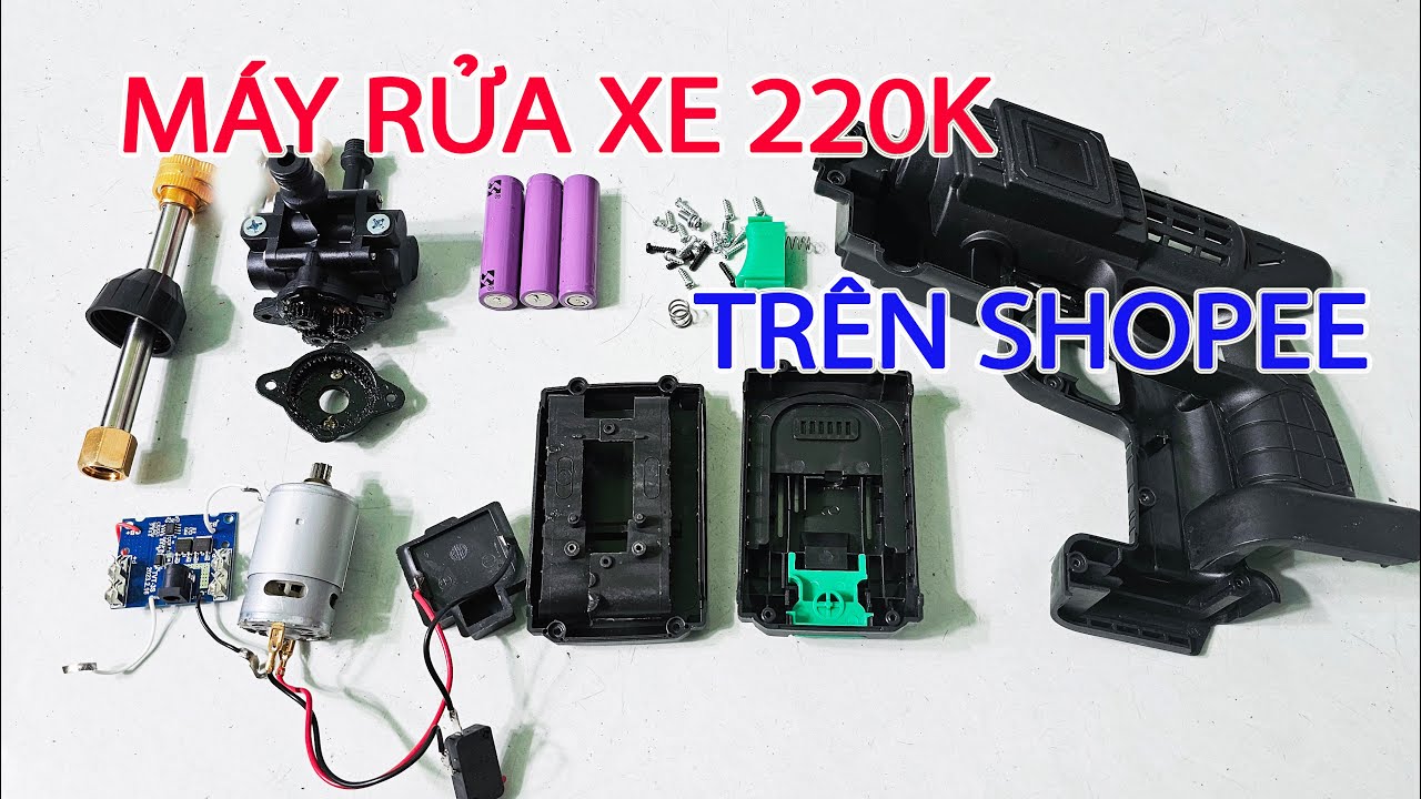 Mua và Bung máy rửa xe cầm tay chạy pin trên Shopee giá 220k