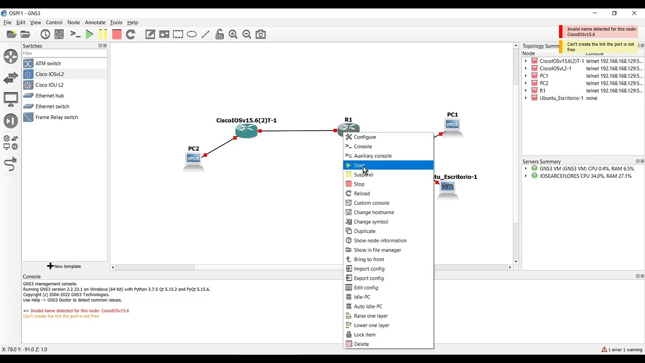 Explicacion de la configuracion en GNS3 de OSPF y DHCP IPv4 en Routers de CISCO