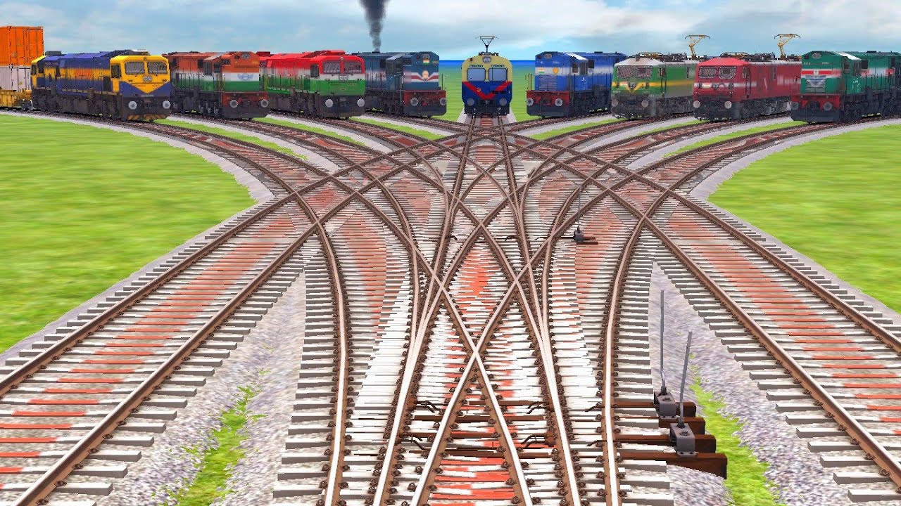 9️⃣ TRAINS CROSSING AT VERY ATRACTIVE BUMPY BRANCHED RAILROAD TRACKS | Train Simulator-Indian Train