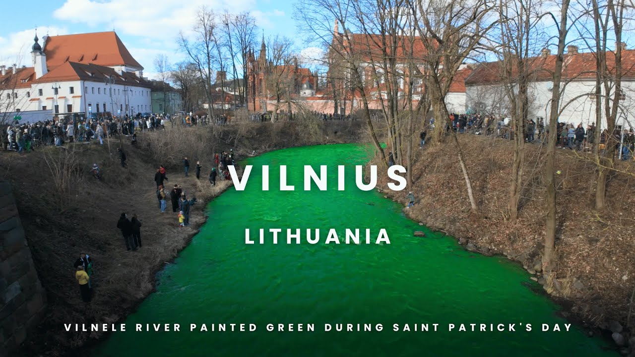 Vilnius | Lithuania | Vilnele river painted green during Saint Patrick's Day 2025 | 4K 60 FPS