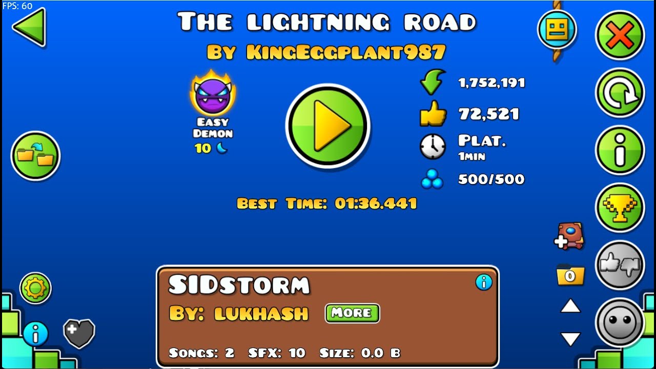 Geometry Dash - The Lightning Road by KingEggplant987 [Easy Demon Platform]