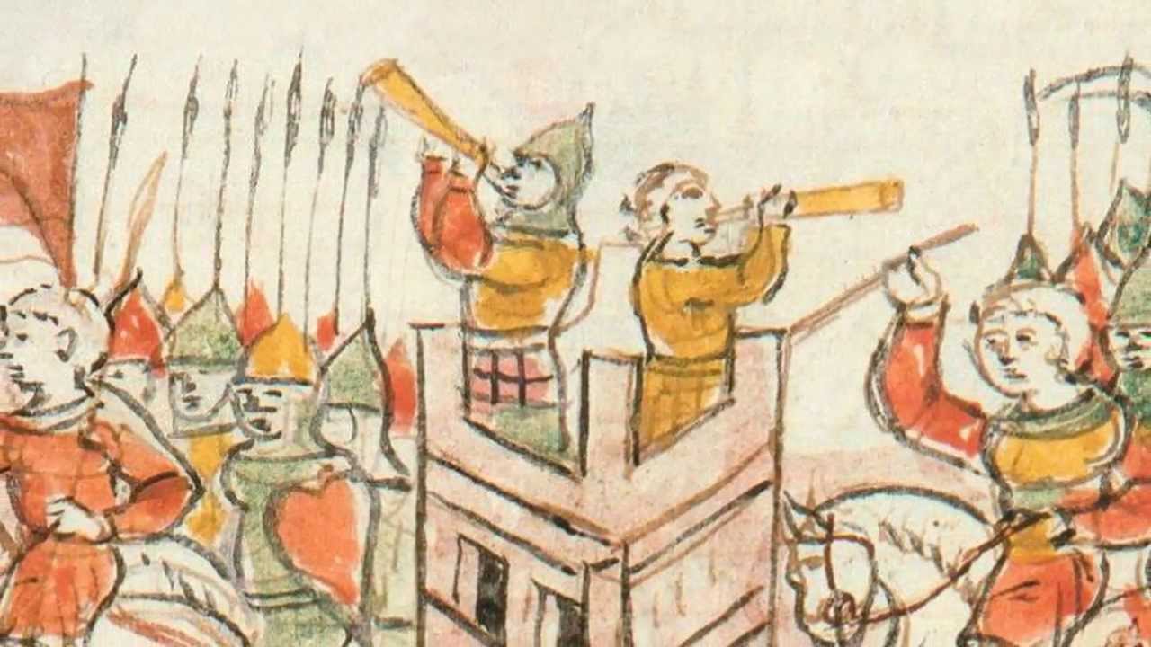Medieval manuscript illustrations of blowing horns (Radziwiłł Chronicle | Radvilų metra&scaron;tis)