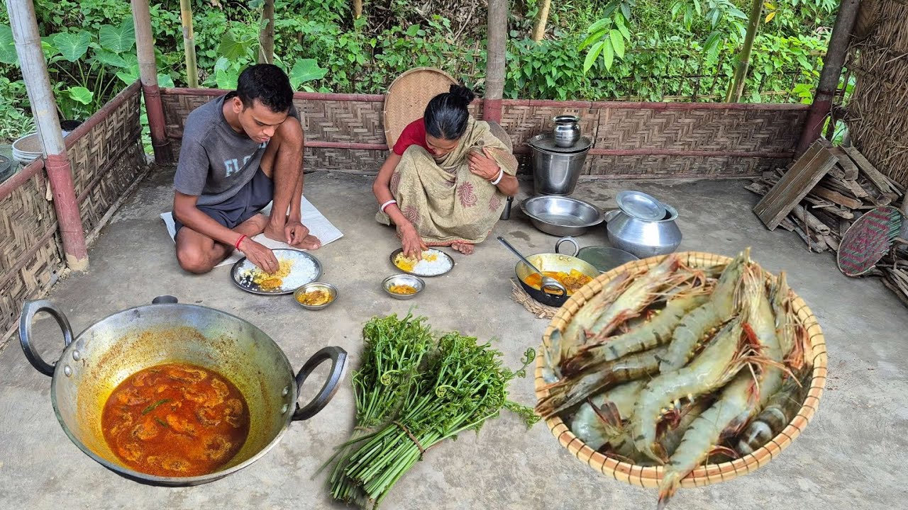 River PRAWNS Curry With SHAK VAJI Cooking and eating by Rural mother and son