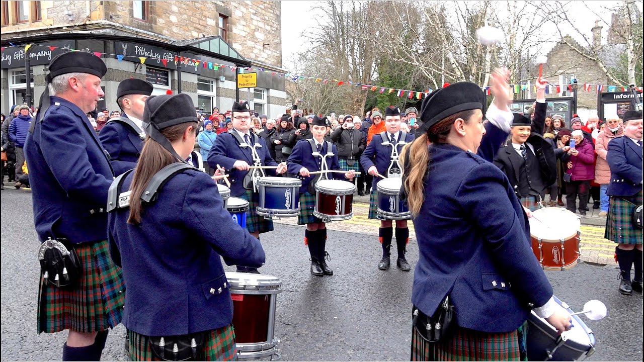 Highland Cathedral played by Vale of Atholl Pipe Band during Pitlochry New Year 2025 Street Party