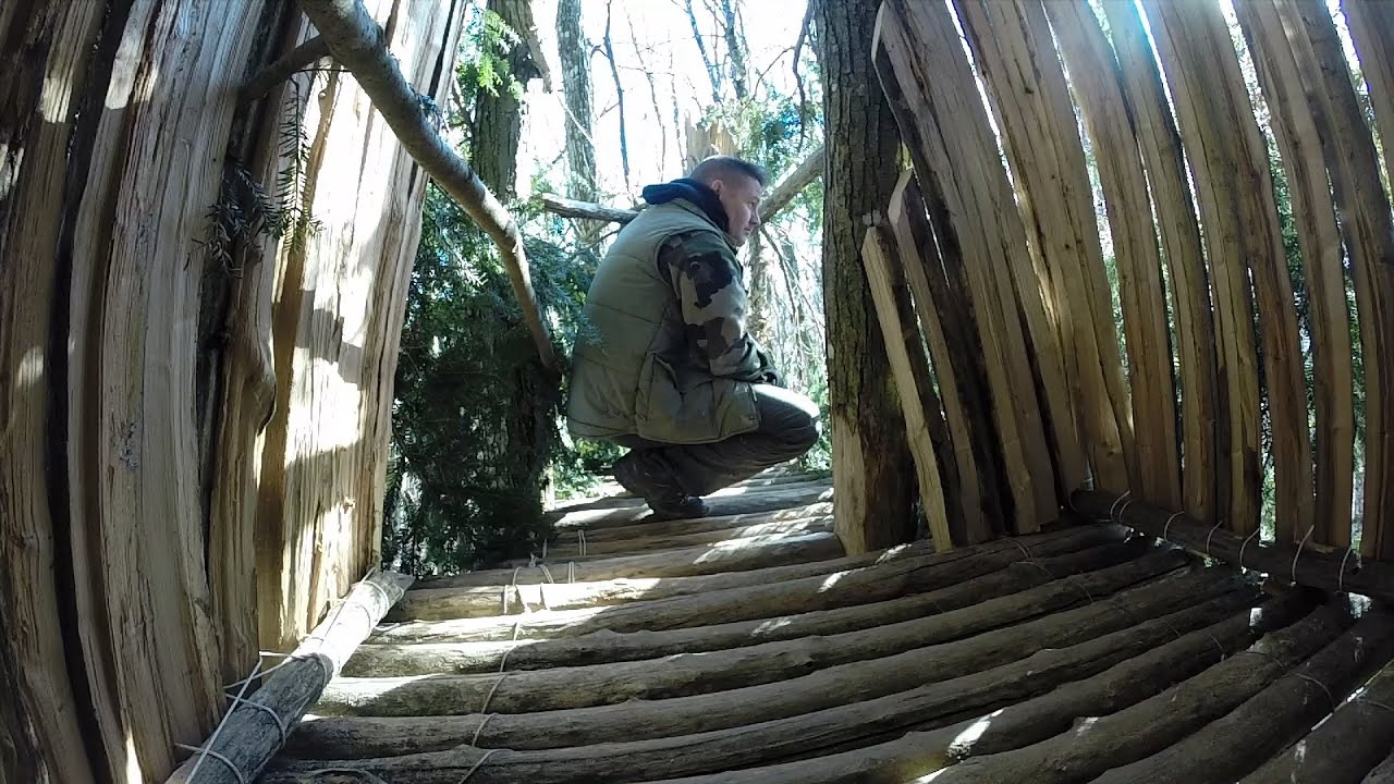 bushcraft shelter in the trees , start to finish , building alone in winter !