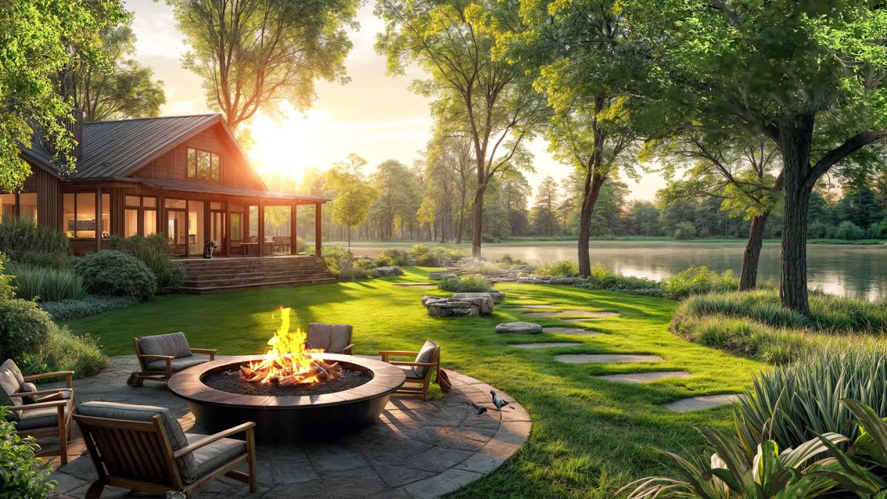 Peaceful Lakeshore Cottage 🌿 Morning Lake Waves, Birds Chirping & Warm Campfire Ambience
