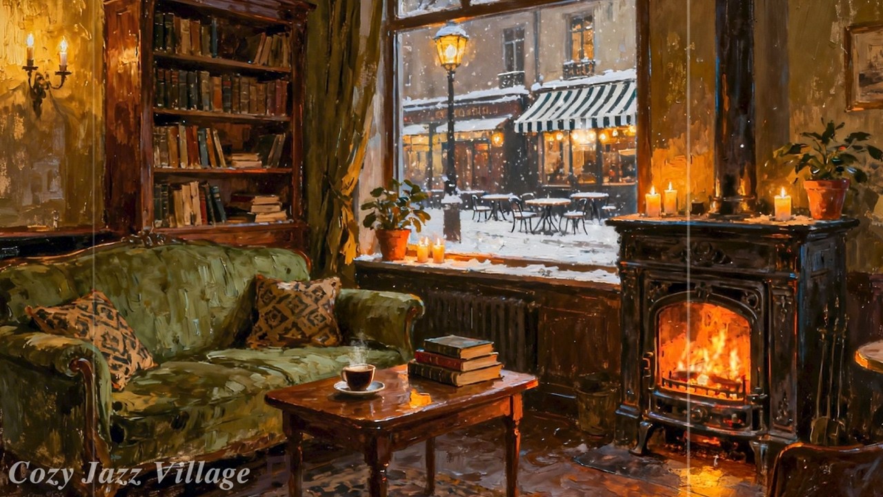 1940s Winter Jazz Cafe ❄️ Cozy Fireplace & Snowy European Street | Vintage Old Time Jazz