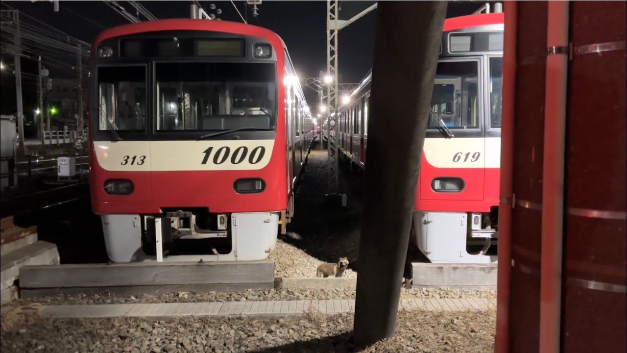金沢検車区の車止めに停車中の京急線京急イエローハッピートレイン1057と1619、見廻り中の関係者のたぬきさん、1313、金沢八景駅を発車する61H回送1048！【令和8年2月6日〜2月7日】