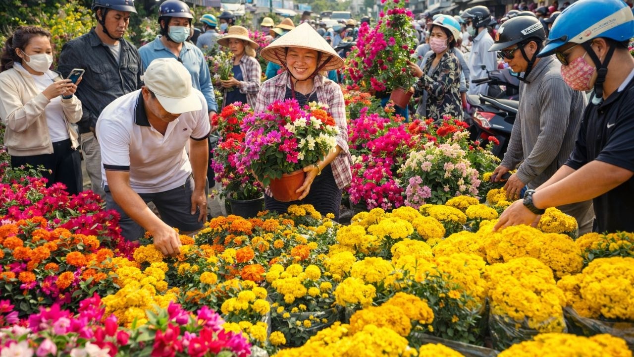 Vạn thọ phủ kín Bến Bình Đông Sài Gòn, bông giấy bắt kịp gu Tết sang