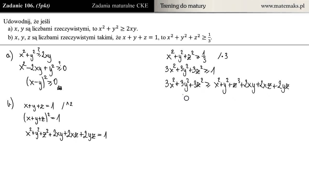 [Zad 106] Udowowdnij nierówność x^2 + y^2 + z^2 większe od 1/3 jeżeli...