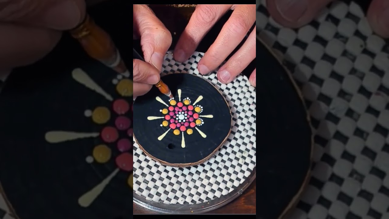 Short: Jewel Dot Mandala on a Woodslice - Painting by Miranda Pitrone