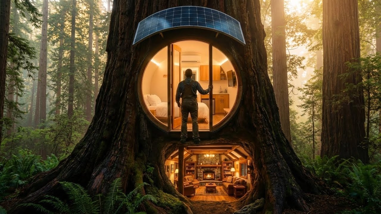 I Built a Hidden Treehouse Inside a Giant Tree (ASMR) | Cozy Off-Grid Cabin (Start to Finish)