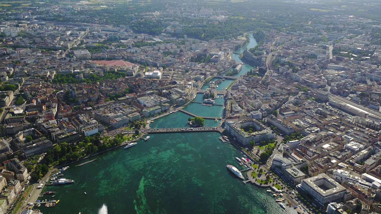 Drone flight above Geneva in Switzerland.