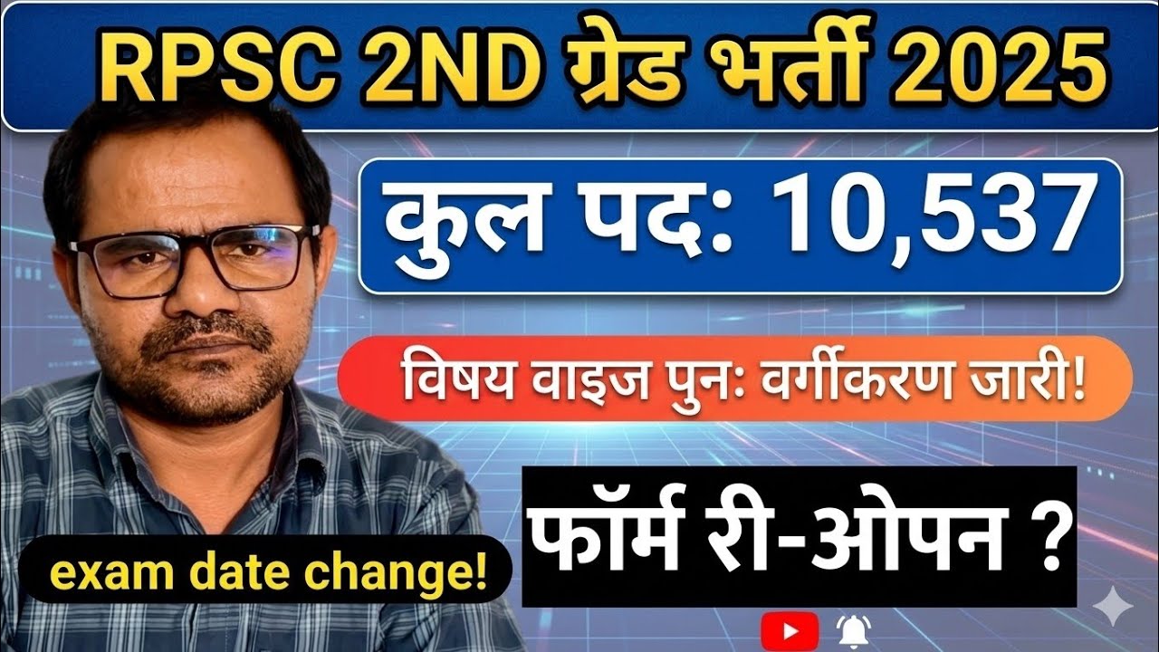 RPSC 2nd Grade 2025: कुल पद 10,537! 🤯 विषय वार वर्गीकरण जारी | Form Re-Open? Exam Date Change?