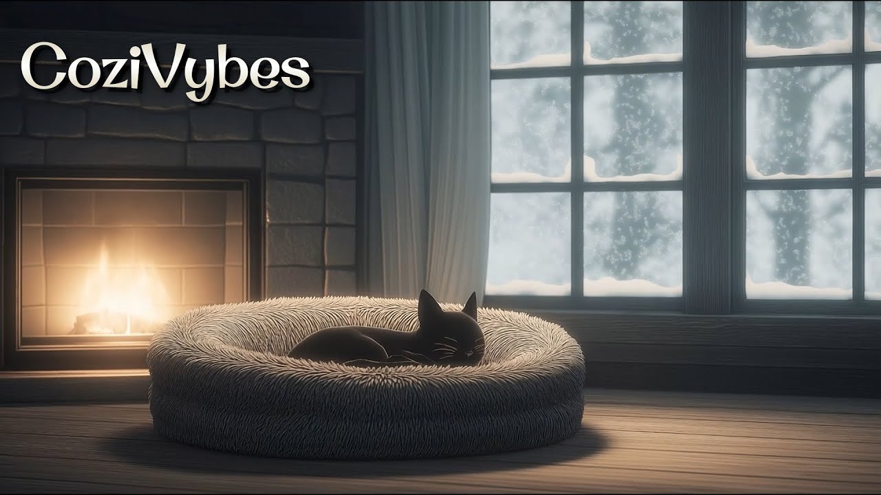 3 Hours of Cozy Lofi Beats ☕ Sleeping Cat by the Fireplace | Snowy Winter Ambience (No Ads)