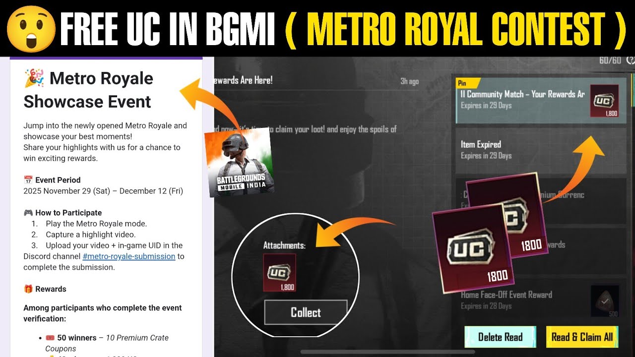 😲Free Uc In Bgmi ( Metro Royale Showcase Event) | Free Uc Trick Bgmi
