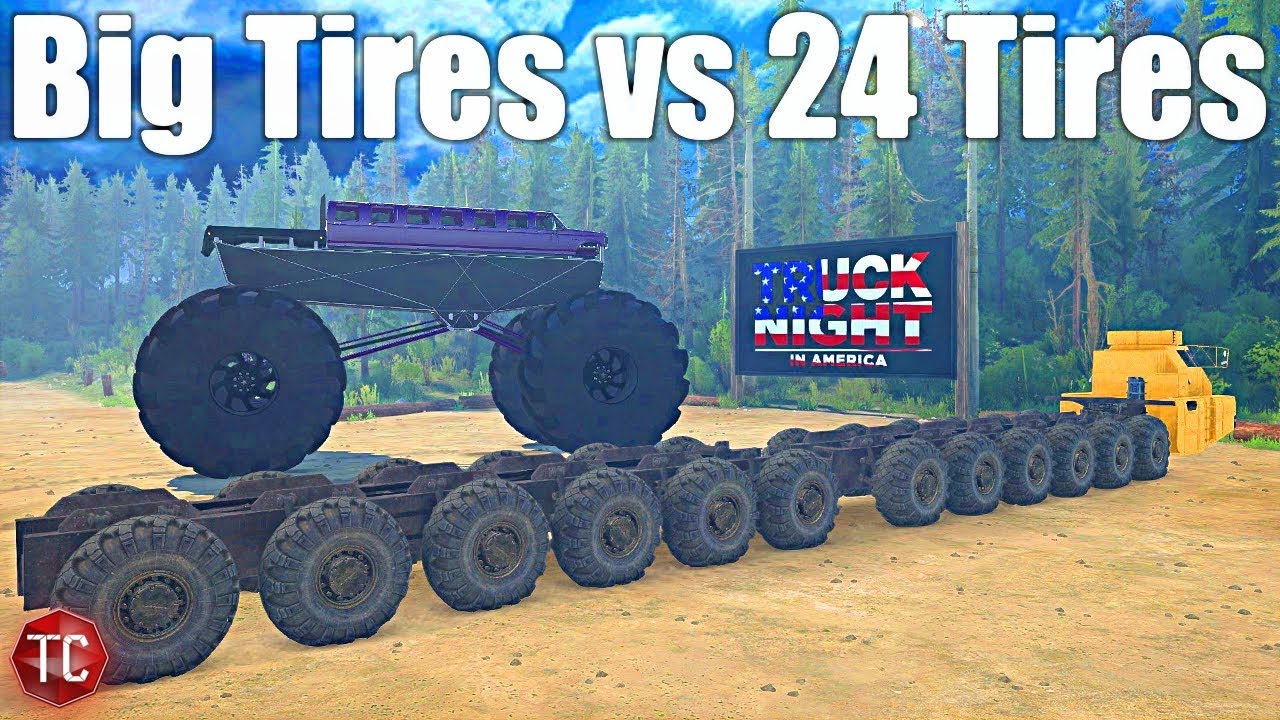 SpinTires MudRunner: BIG TIRES vs 24 TIRES!! (Truck Night in America)