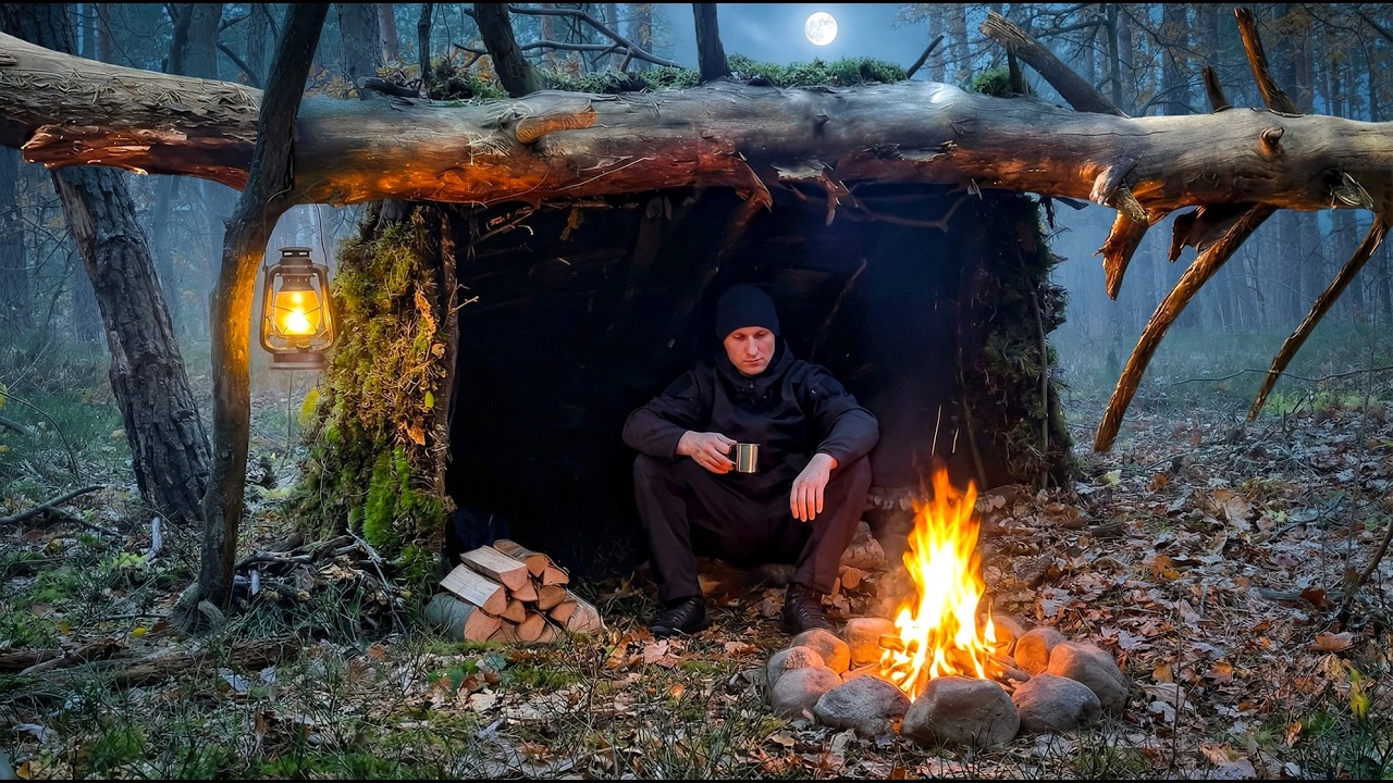 Bushcraft Build Shelter under a Tree, Off Grid Tiny House