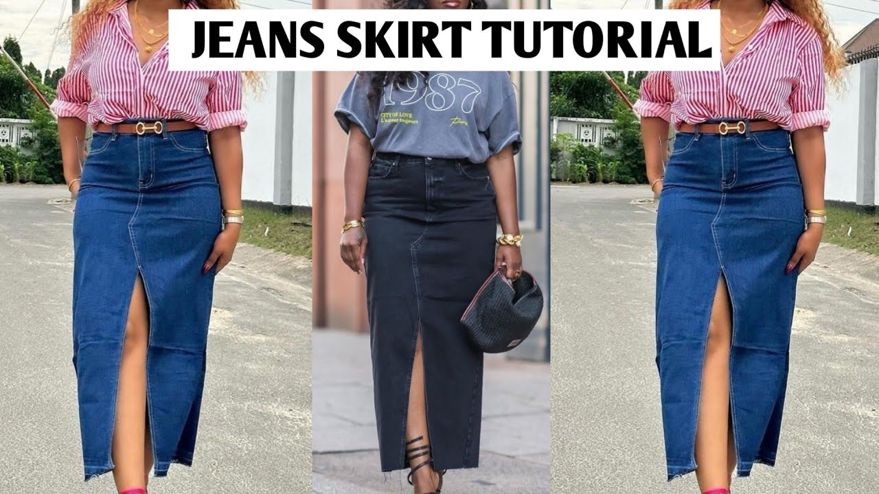 How to cut and sew a Jean skirt || perfect zipper fly and front slit #jeanskirt #skirt #cargoskirt