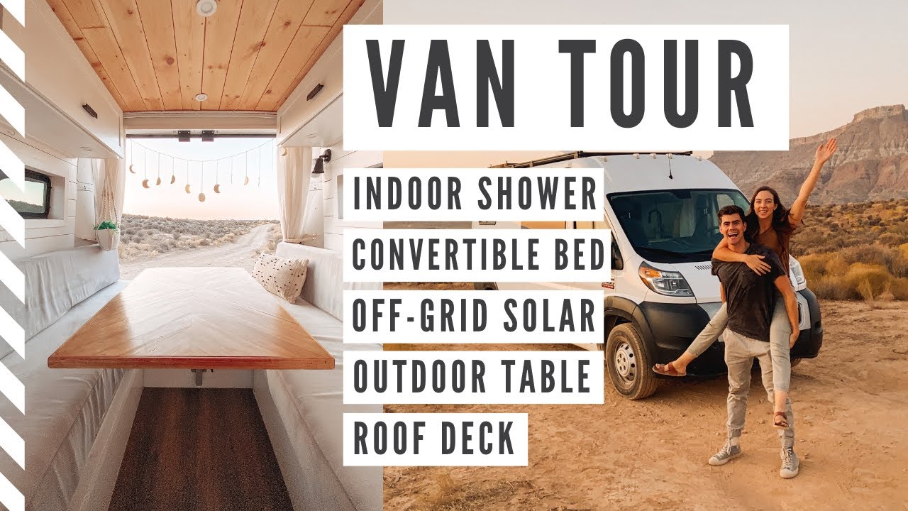VAN TOUR | Custom Ram Promaster Conversion, Indoor Shower, Off-grid Solar, Convertible Bed, DIY home