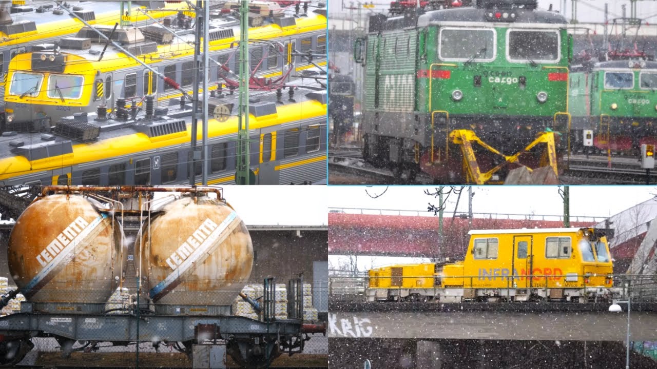 Tåg runt om i Göteborg i snöoväder - April 2022 - 4k60 / Trains in Gothenburg in Snow