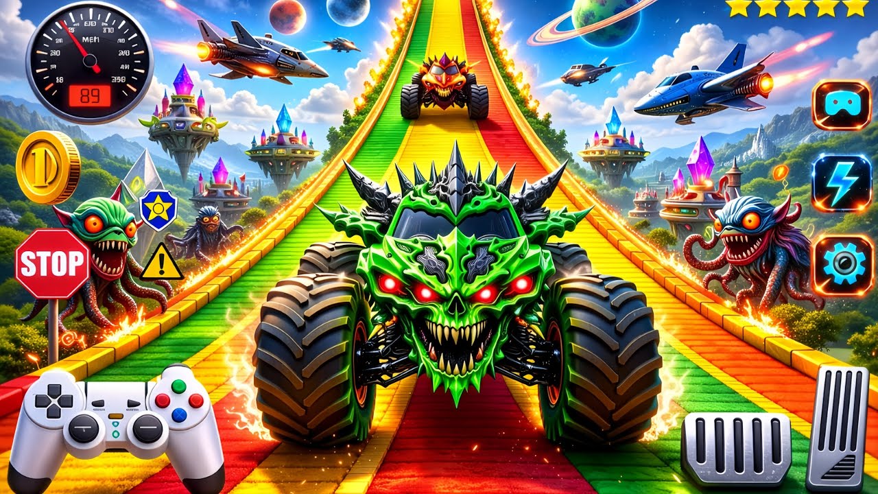 Ultimate Monster Truck Stunt: Small to Giant Cars Mega Race #53