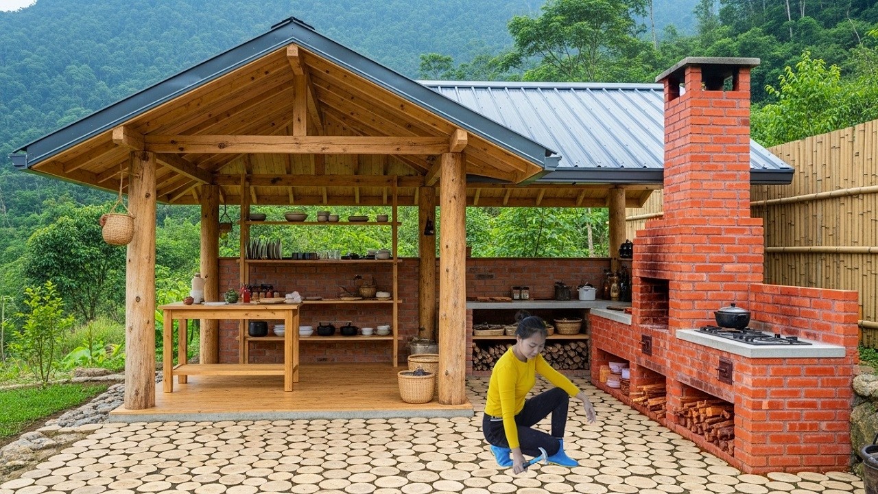 Building a traditional-style kitchen: using scrap wood as floor tiles