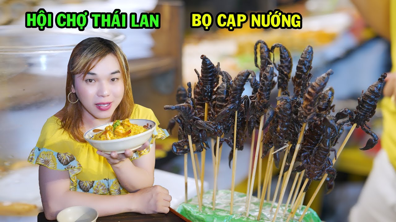 Ty Thy đi chơi Hội chợ Th&aacute;i Lan c&oacute; m&oacute;n Bọ cạp nướng - Ty Thy Vlog Gỏi đu đủ