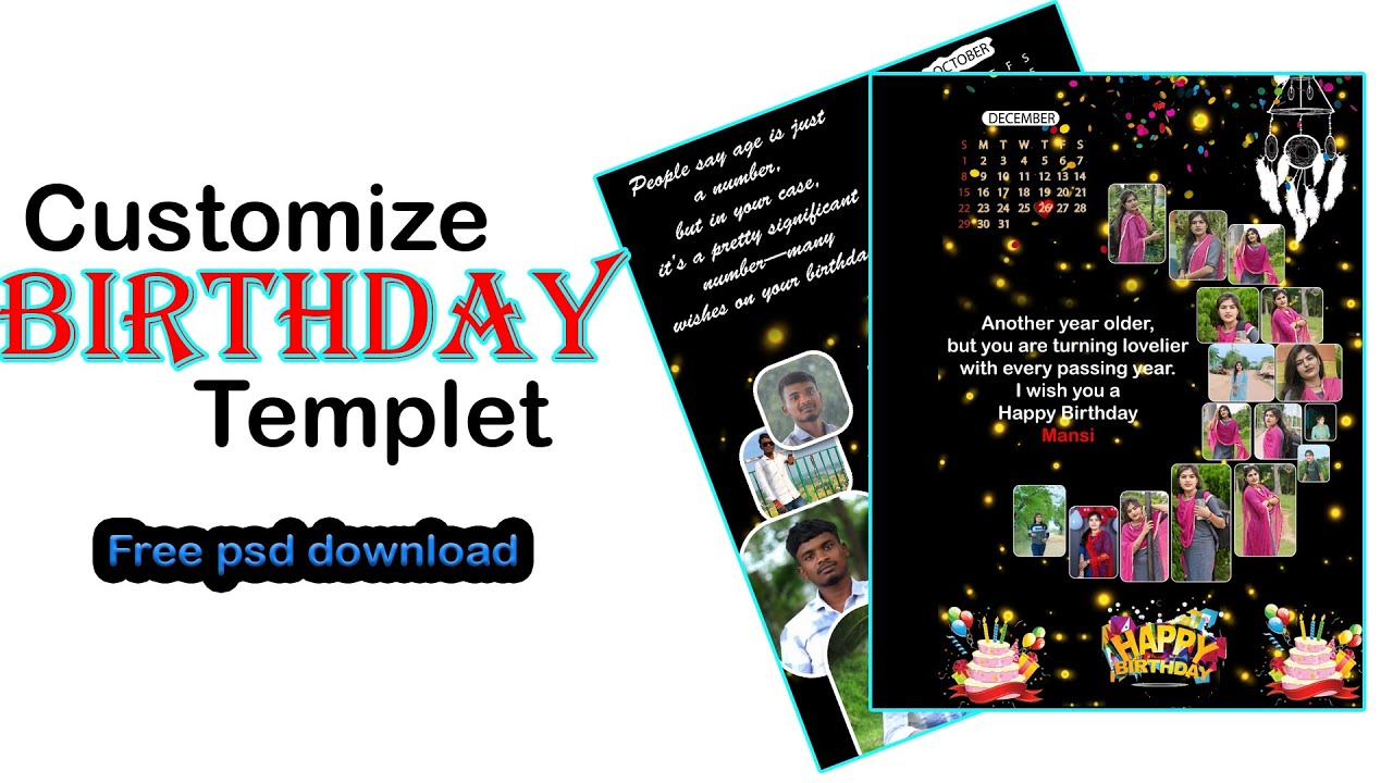 Customize calendar birthday template free psd file download || Birthday calendar photo editing