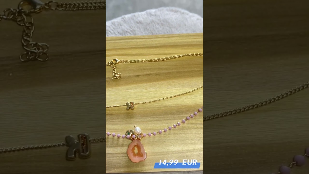 Halskette Gold zweireihig Rosa zwei Anh&auml;nger Naturstein--14,99 EUR