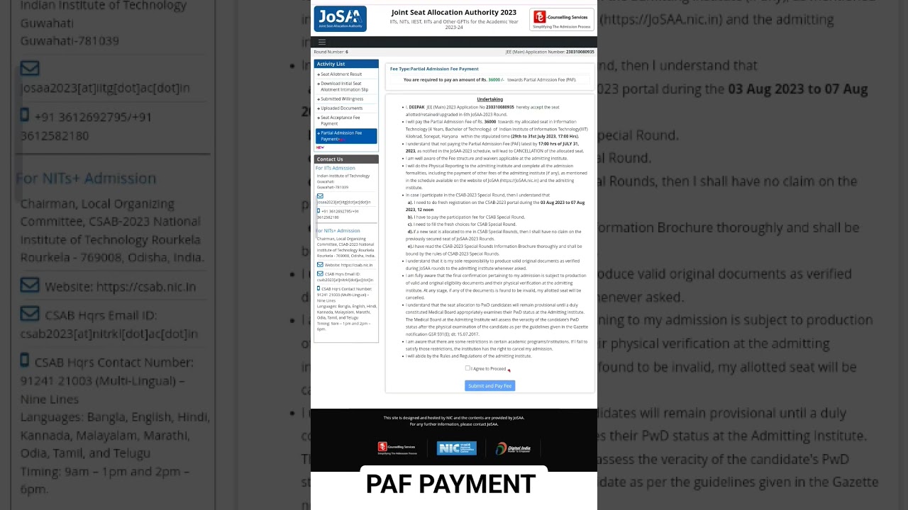PAF fees payment #paf #josaa #csab #iiit #iit #nit