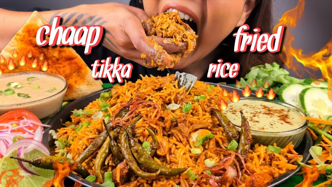 COOKING & EATING CHAAP TIKKA FRIED RICE WITH MALAI GRAVY, MINT RAITA & LOTS OF CHILLIES MUKBANG 