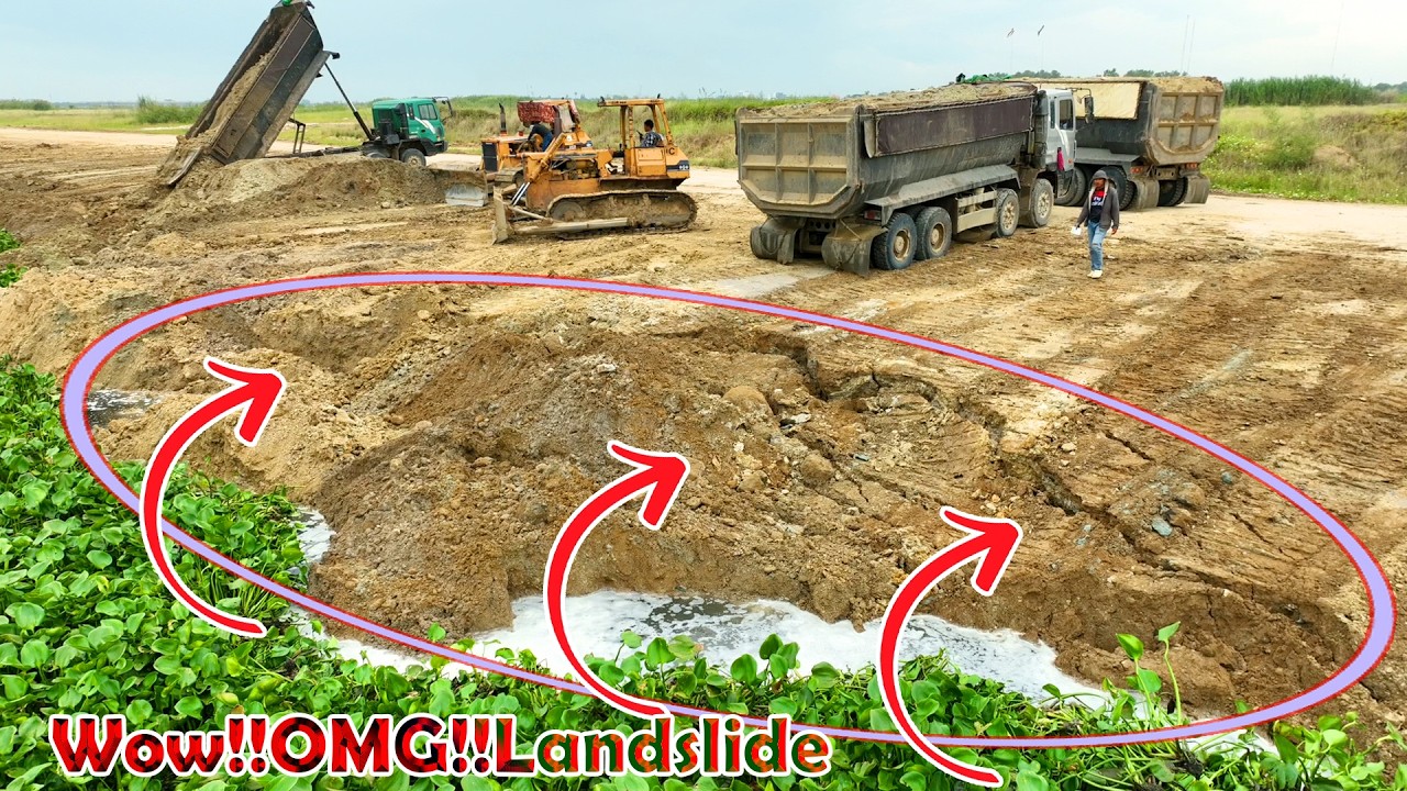 Great Action!! Land Sinking Repairing By Many Dump Trucks And An Old Komatsu D53 Bulldozer