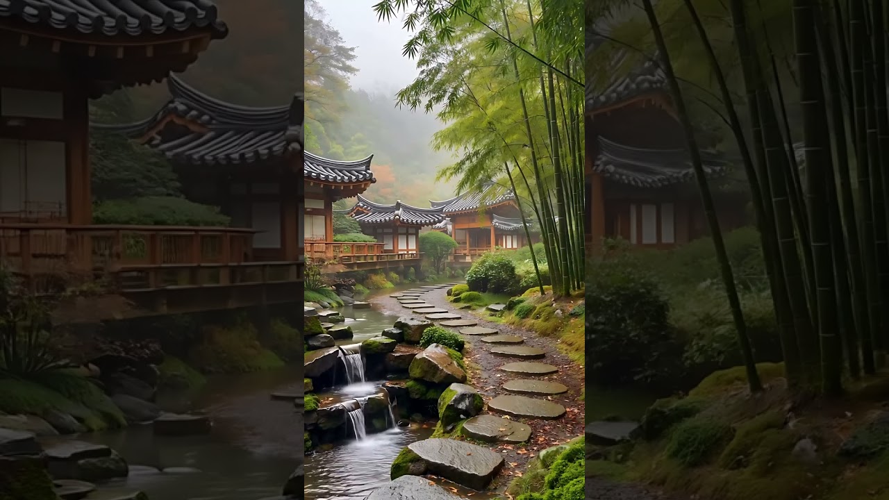 4K Relaxing Korean Garden with Flowing Rock River | Nature Sounds for Sleep, Study, Meditation