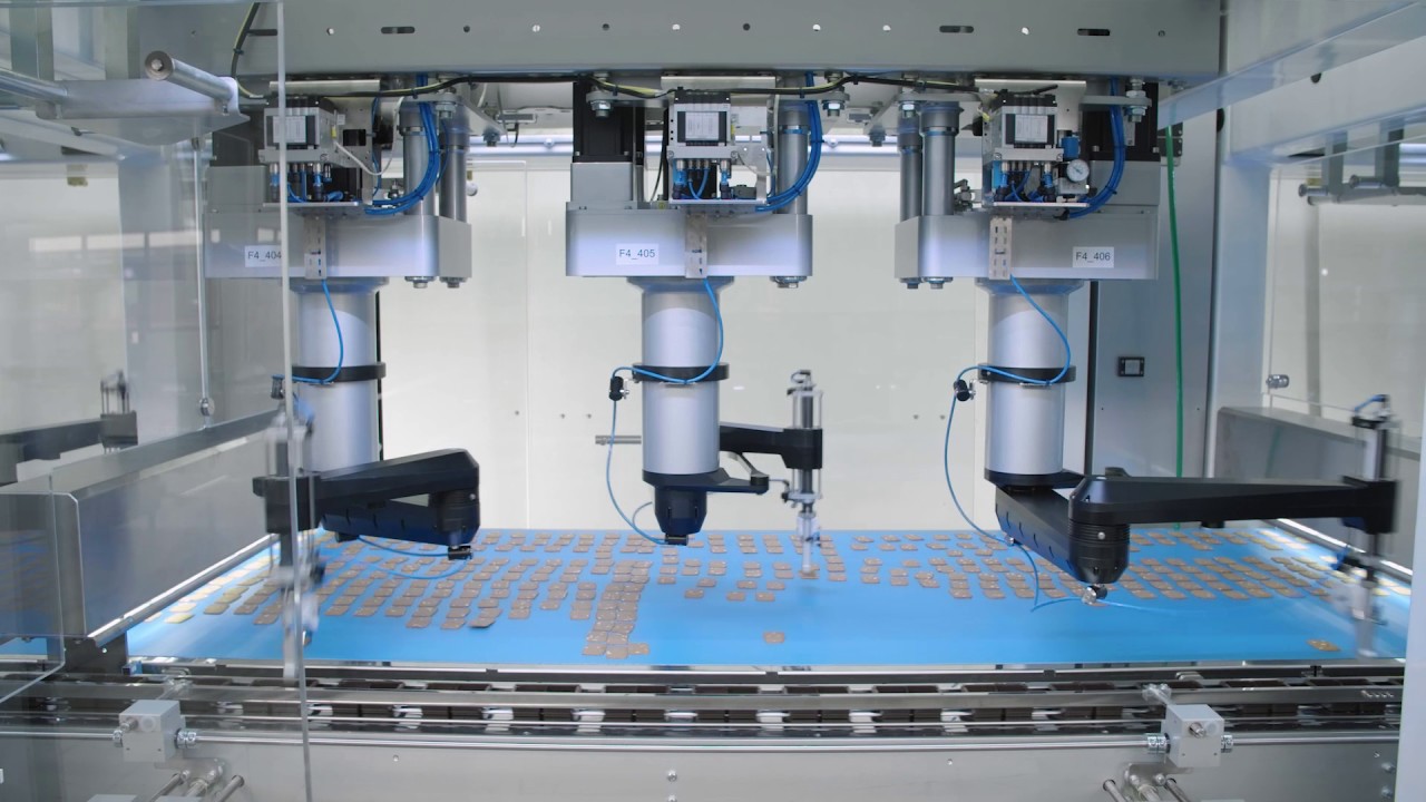 Pick and place packaging line from Schubert loads biscuits into trays