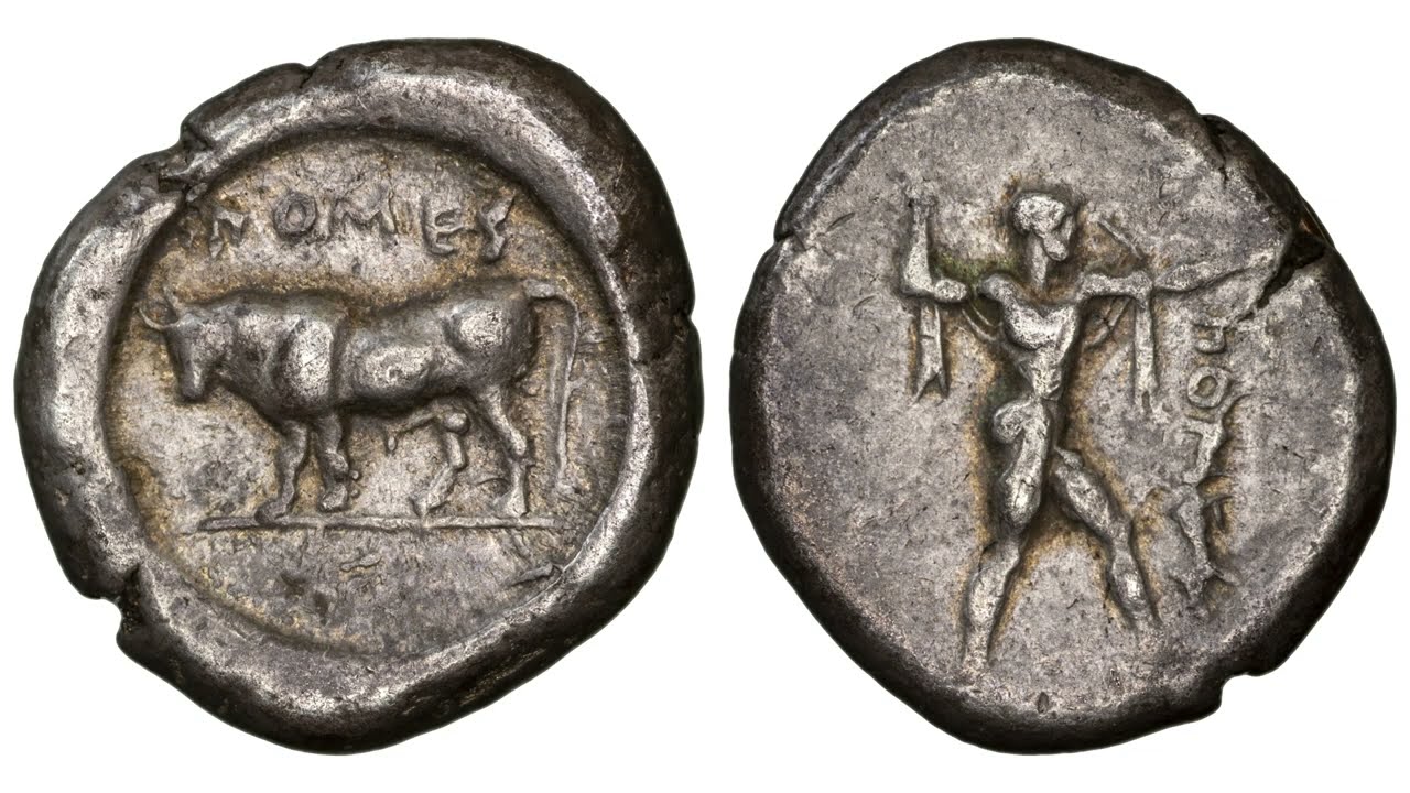 LUCANIA. Poseidonia. c. 470-445 BC. Silver Stater - Poseidon and an amazing bull (Southern Italy)