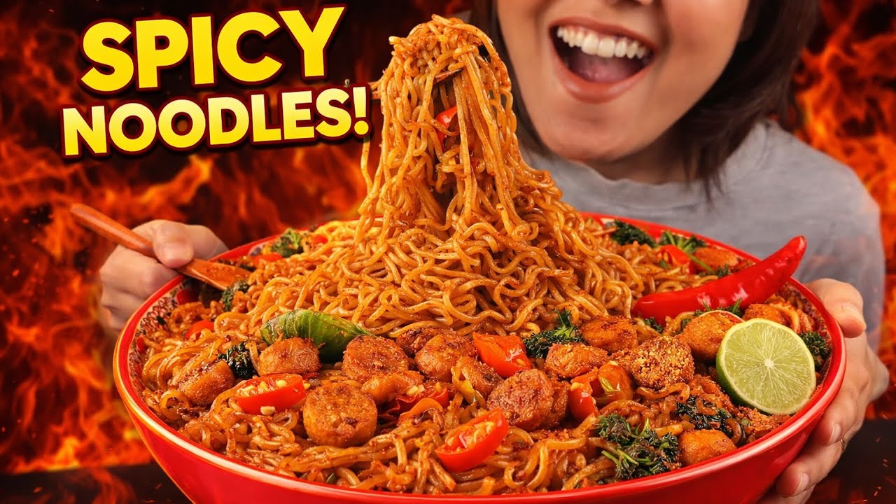 EATING HOT & SPICY NOODLES WITH CHILLIES, SAUSAGE & CHIPS | SPICY NOODLES EATING VIDEO 