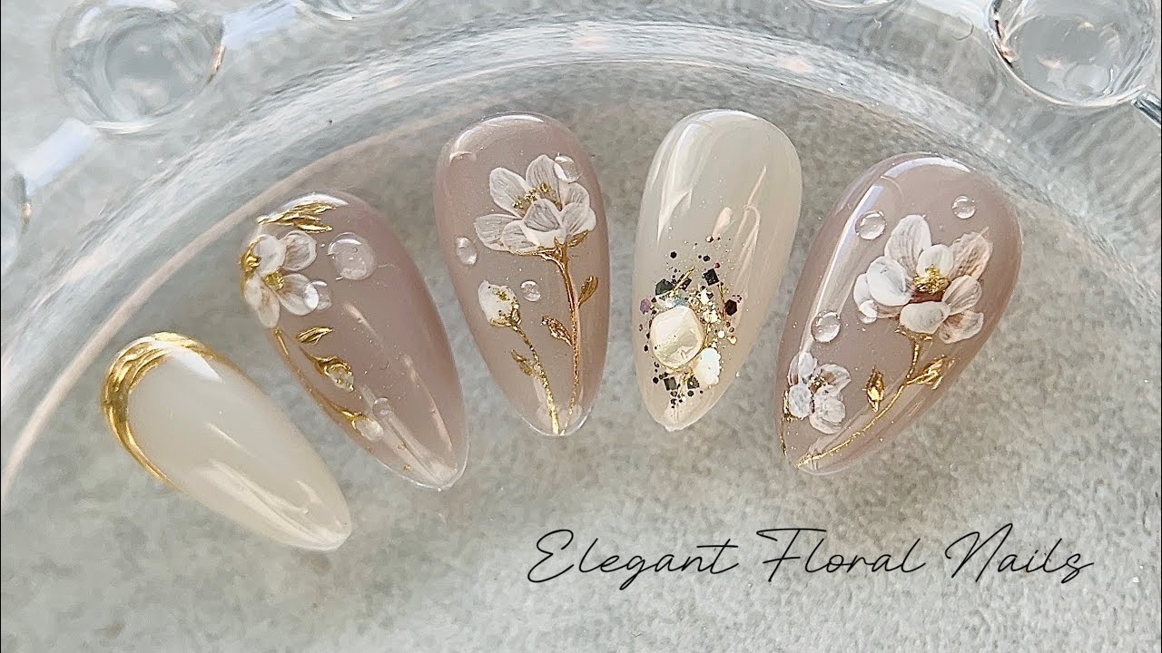 Elegant Hand-Painted Floral Nails | Nude & Gold Look