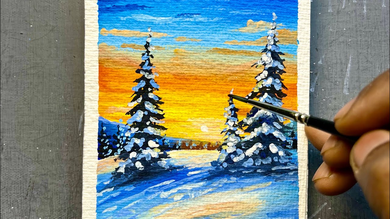 How to Paint Snow Landscape at Sunset