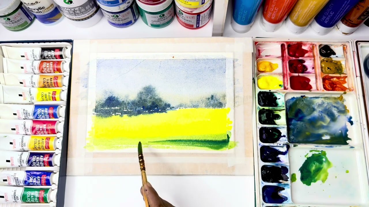 Easy Watercolor Landscape Tutorial 💖Watercolor Mustard Field Tutorial 