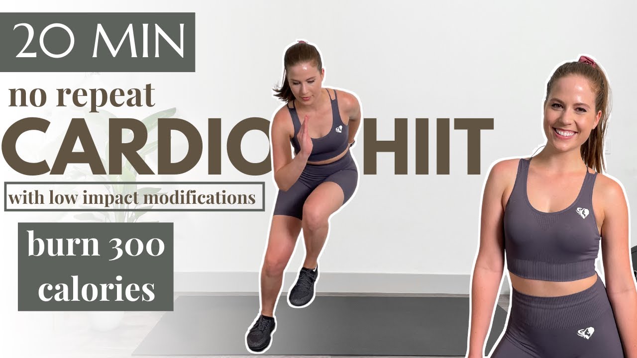 Burn 300 calories in this 20 Min Cardio HIIT Workout | No Repeat HIIT | Low Impact HIIT Mods Shown