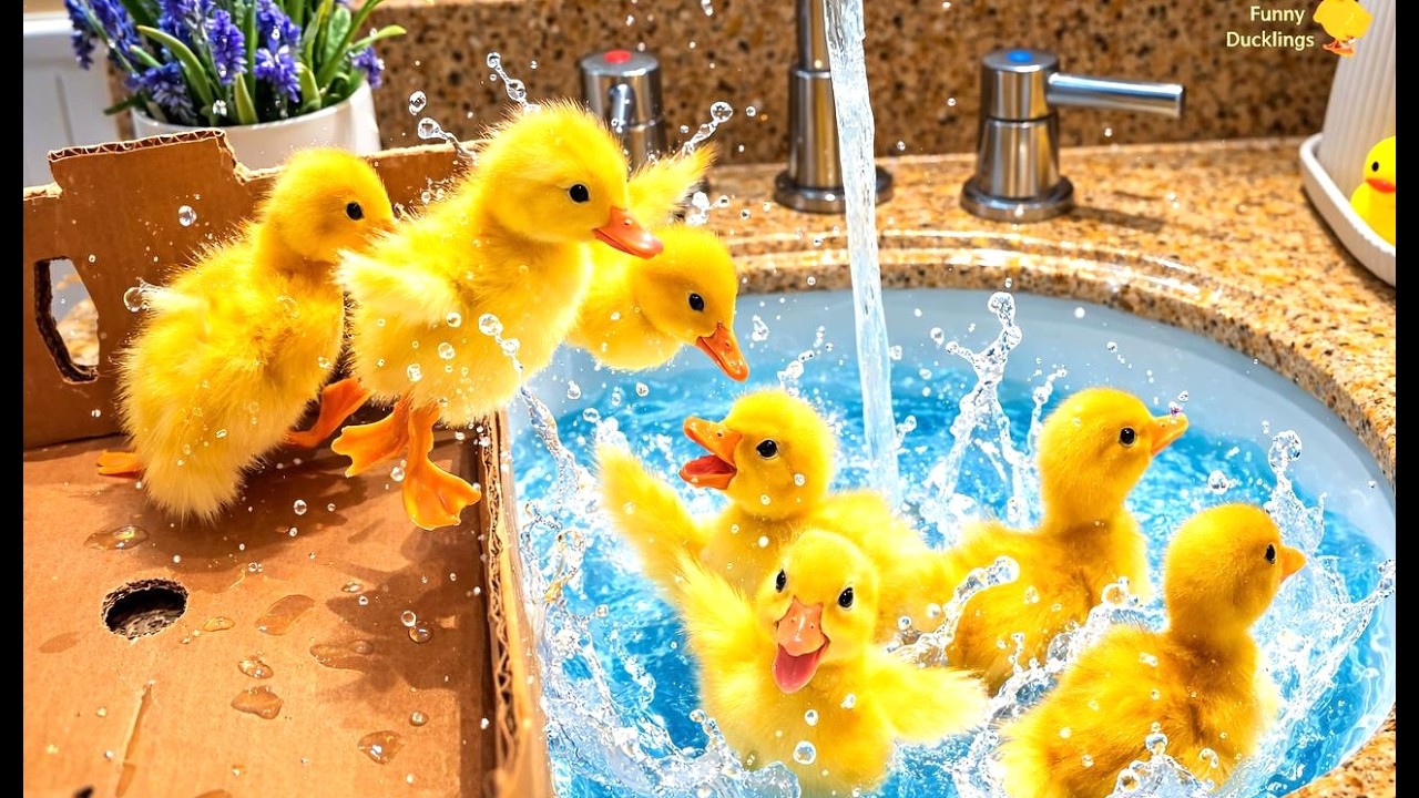 🐥💦 Funny ducklings jump into a sink with water, the duckling started hiccupping
