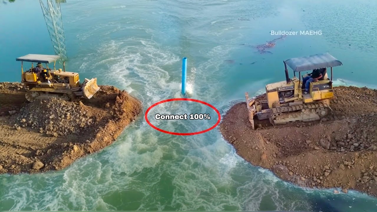INSANE Bulldozer Work! Two KOMATSU Dozer Builds a Soil Road through Deep Lake Amazingly
