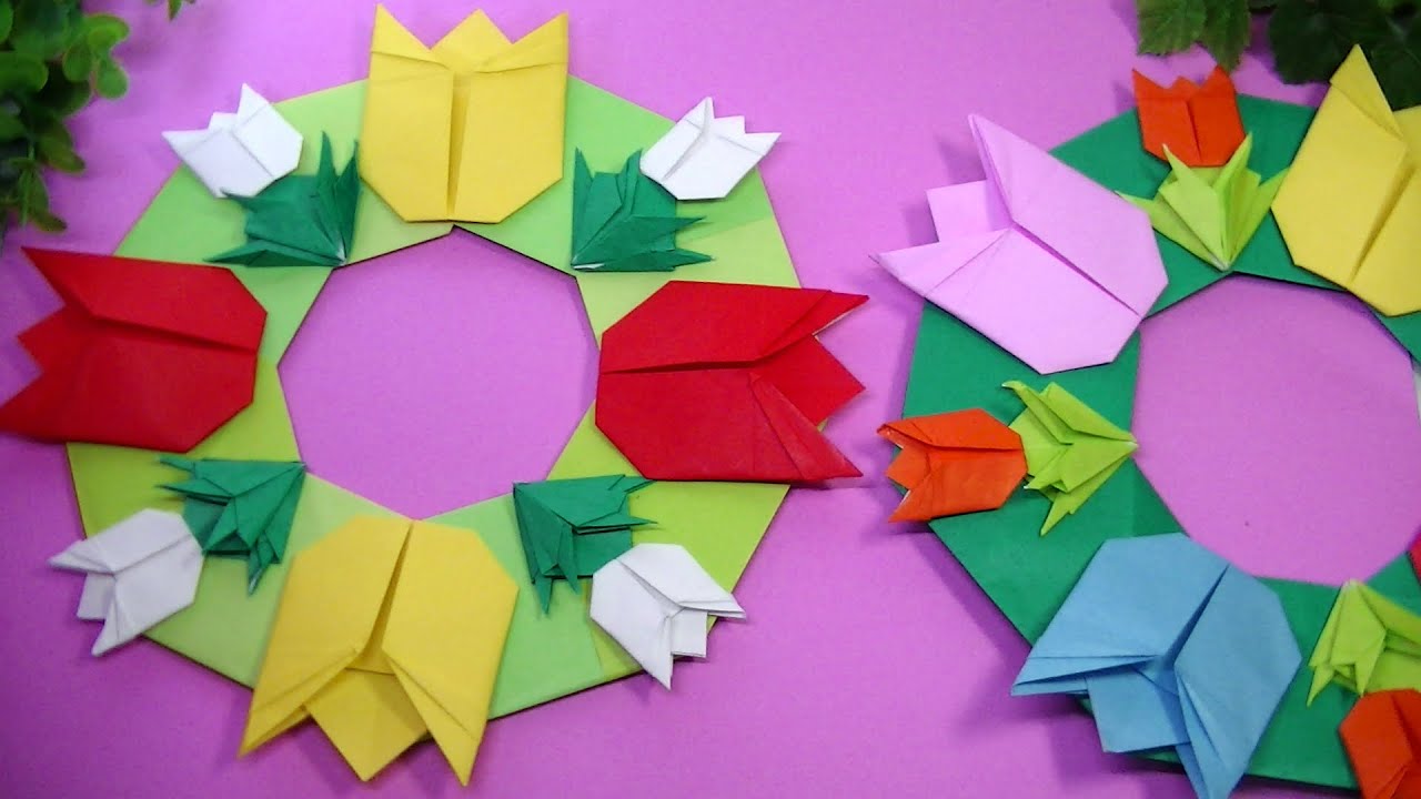 折り紙でoriginalチューリップと簡単リース・オリジナル・糊を使います・Origami  ・Mr coin origami channel１５