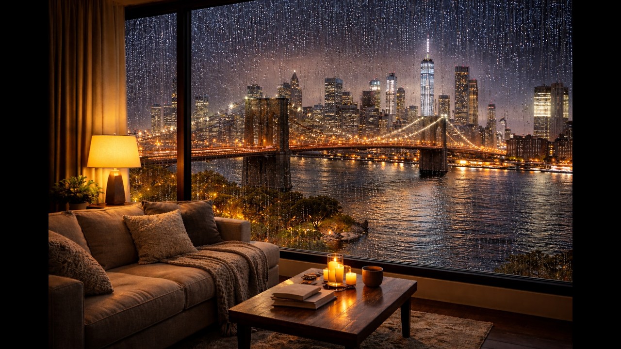 Rainy Night Overlooking Brooklyn Bridge 🌧 Cozy Apartment Window Rain for Sleep & Relaxation(3 Hours)