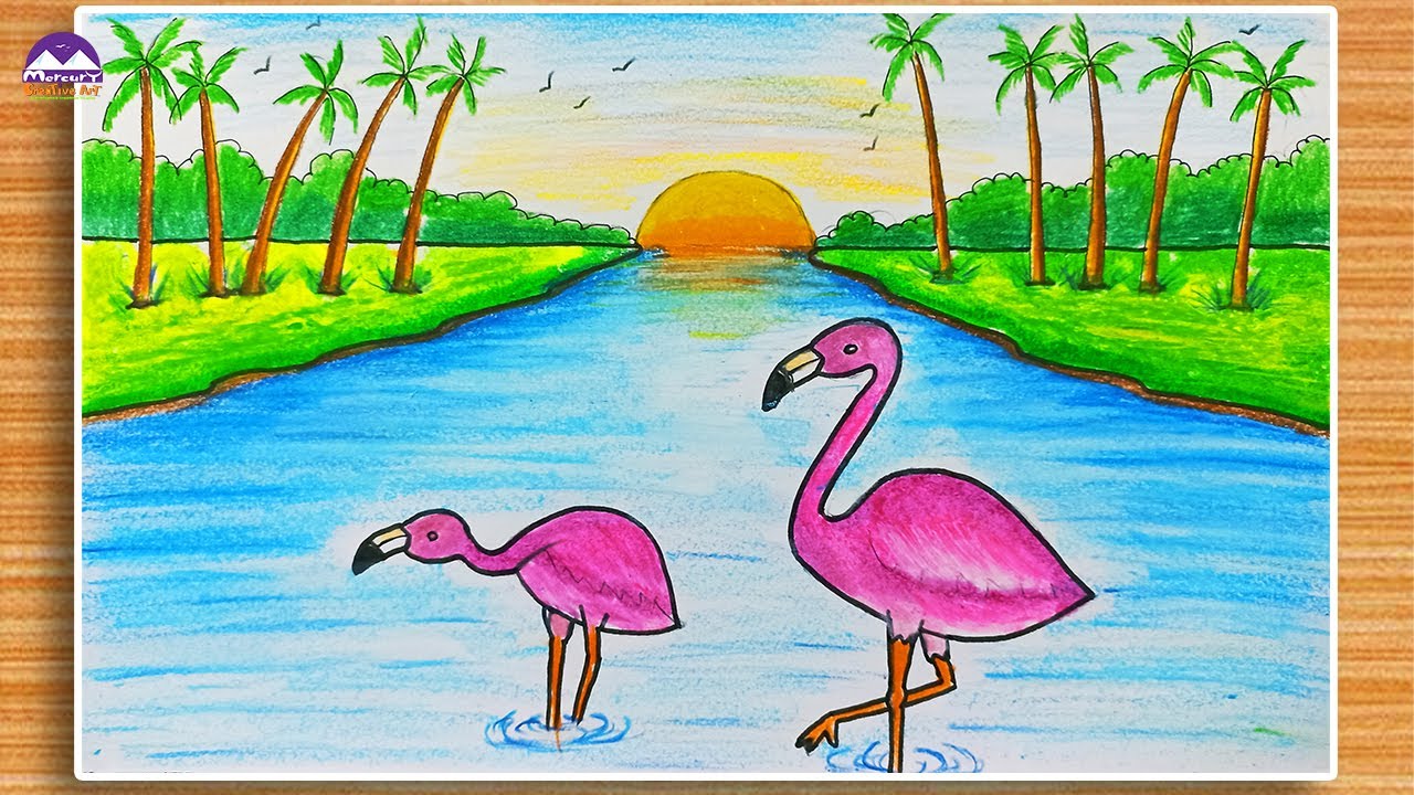 How to draw a flamingo bird with scenery