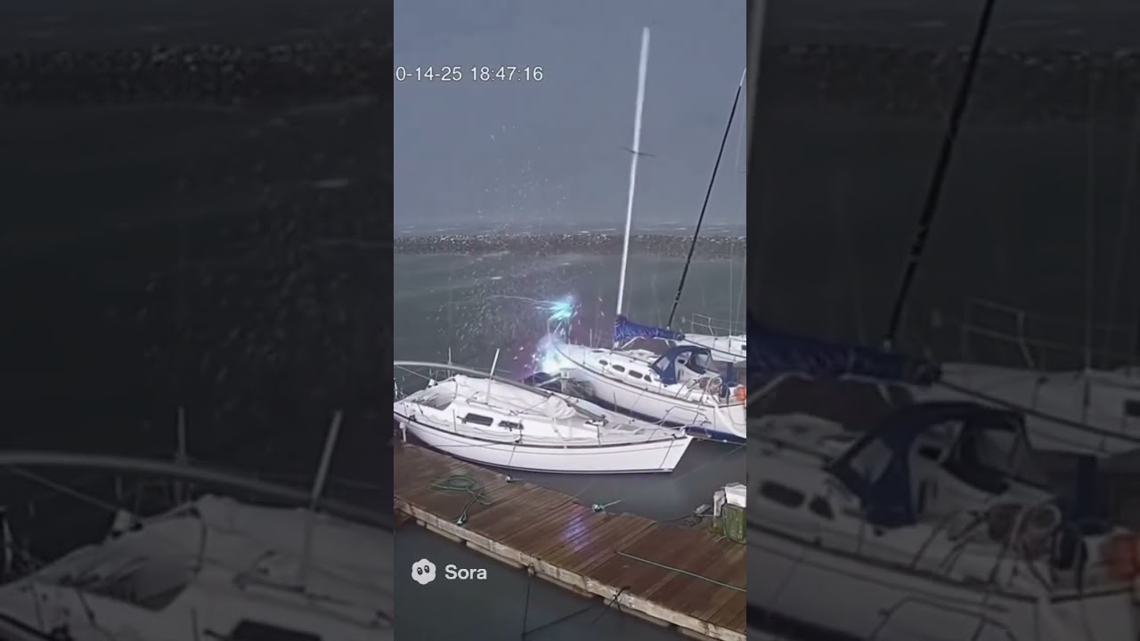 Storm snaps sailboat mast destroying entire marina dock! 😱 #StormDamageRetry